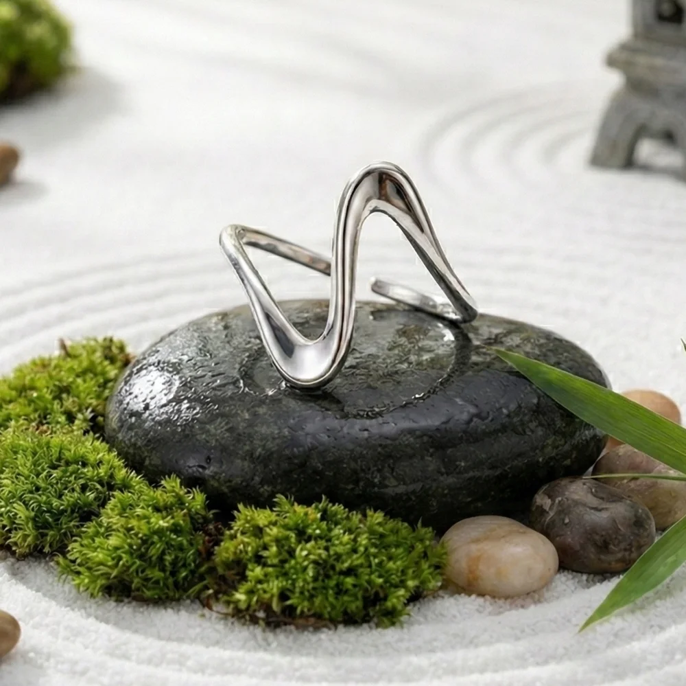 Silver Wave Ring 18K White Gold Plated Dainty Stylish Stainless Steel